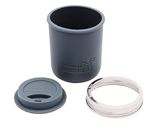 Wide Mouth 16oz Pint Silicone Sleeve with Matching Silicone Drinking Lid and Stainless Steel Band for Mason Jars (Charcoal Gray)