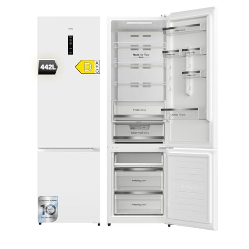 VOK Frigorífico Combi No Frost 442L en 198.5cm - Clase D, Compresor Inverter 37dB 224kWh, Smart Fresh Zone, Display en Puerta, Blanco, EVR-442NDWCP