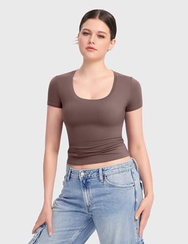 PUMIEY Women's T Shirts Short Sleeve Scoop Neck Basic Going Out Tops Fashion Slim Fit Tee Smoke Cloud Pro Collection