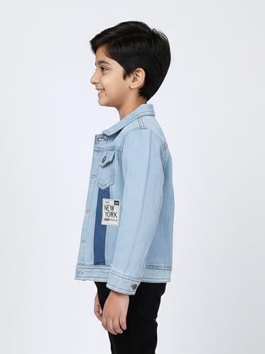 Image of KiddoPanti Boys Denim Jacket | Cotton Poly Blend with Spandex | Washed Denim, Full Sleeve | Button Closure & Front Flap Pockets | Collared Neck