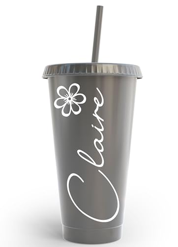 Vaso personalizado de 24 onzas con nombre y flor personalizados, con tapa y popote para agua, té helado, café, batidos y más