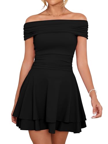 Kaximil Women's Off The Shoulder Mini Dress Ruffle Hem Ruched Corset Short Cocktail Party Dresses