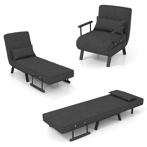HOMASIS 4 in 1 Poltrona Letto, Divano Letto Pieghevole con Braccioli, Poltrona Salvaspazio con Schienale Regolabile con 6 Angolazioni e Cuscino Removibile, Portata 150 kg (Grigio scuro)
