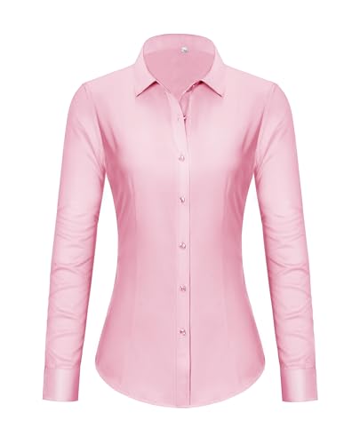 Pink Shirts for Women Dressy Casual Work Blouses for Women Office Button Down Rolled Up Sleeve Dress Shirts Business Professional Attire Collared V Neck Interview Clothes Pink M