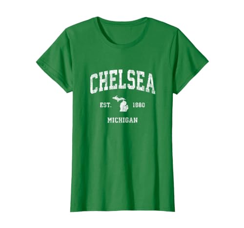 Chelsea Michigan MI Vintage Athletic Sports Design T-Shirt, Women, Kelly Green, Medium