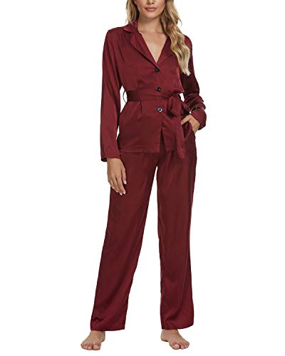 Women's Satin Wine Red Pajama Set Long Sleeve Button Down Sleepwear Loungewear 2 Piece Ladies Silk Pj Set with Belt S
