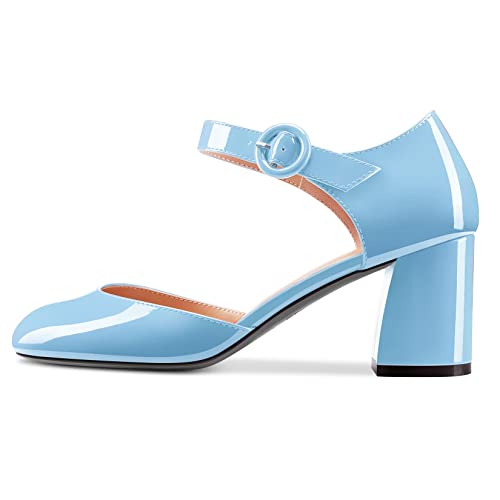 NobleOnly Women Mid Chunky Block Heel Round Toe Buckle Two-Piece Pumps Cute Dress Party Shoes 2.6 Inches Heels2