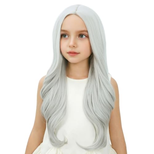 Image of Sliver Gray Wig Long Slive Grey Wavy Curly Wig Long Middle Part Wigs Heat Resistant Synthetic Wigs with Cap (Small Size)