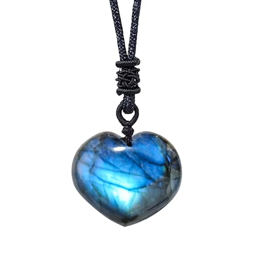 1PCS Natural Labradorite Crystal Heart Shape Pendant Necklace Healing Crystal Moonstone Polished Stone Pendant With Hand-Woven Rope For Unisex