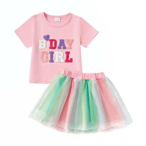 LUVCES Conjunto de aniversário para menina, t-shirt com bordado de letras coloridas tutu saia de tule vestidos de aniversário para meninas 1-6 anos, A: rosa BDAY GIRL, 3-4 anos