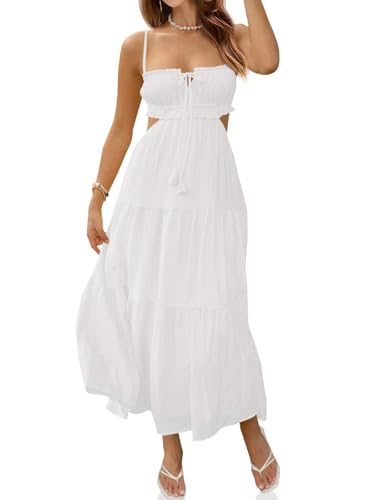 Fisoew Women's Spaghetti Strap Maxi Dress Summer Sleeveless Side Cut Out Dress Casual Boho Backless Flowy Long Dresses
