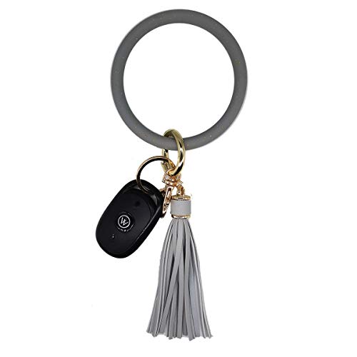 AnnabelZ Keychain Bracelet Wristlet Bangle Silicone Key Holder Round Keyring Tassel Key Ring Chain for Women Girls, Grey Bling, Small