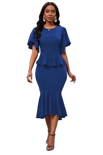 Image of Womens Summer Ruffle Short Sleeve Fishtail Dress Evening Cocktail Formal Peplum Midi Mermaid Dresses Elegant
