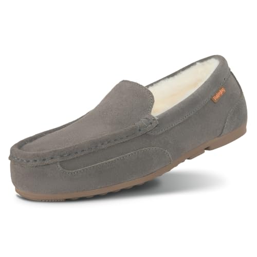 Parfeying Men's Cozy Australian Sheepskin Suede Moccasin Slippers, CHAR 14