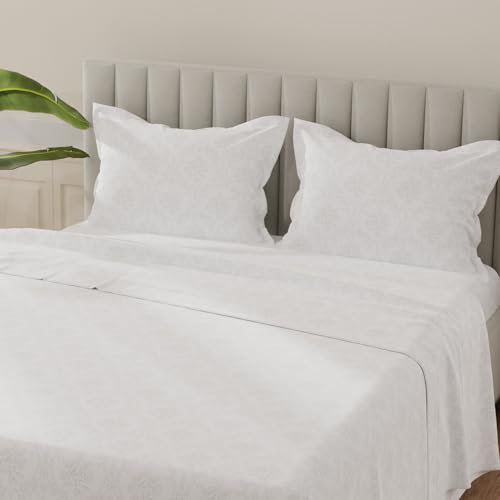 Image of Layers 100% Cotton Bedsheet for King Size Bed | Lumina Floret Collection | 144 TC Soft & Breathable | Printed with 2 Pillow Covers | Wrinkle Free & Colorfast | 3 Piece Bedding Set - White & Grey