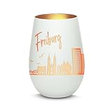 Gravur-Max Windlicht mit 360° Gravur Skyline Freiburg Deko Glaslicht als tolles Geschenk mit Einer hochwertigen Lasergravur zu jedem Anlass in der Farbe Weiß/Bronze