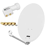 hb-digital SAT Anlage Set: 60cm Spiegel von Opticum Schüssel aus Stahl in hellgrau + Twin LNB UHD 202 W in weiß von hb digital 2 Teilnehmer DVB-S/S2 FullHD 3D 4K Ultra HD + 4X F-Stecker vergoldet