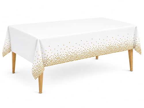 Image of Party Dimensions Gold Confetti Disposable Plastic Tablecloths, 12 Pack - 54 x 108 Inch Rectangle Table Covers for Birthday, Wedding, Baby Shower, Picnic, Indoor & Outdoor Use - White & Gold Dot Design