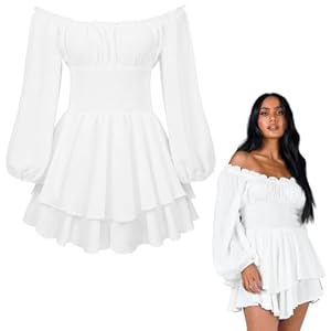 Gebauschtes Rüschenkleid, S-Größe Chiffon Schulterfrei Stufenkleid mit Integrierten Shorts, Langen Puffärmeln Stufenrock, Piraten Damen Kostüm Karneval, Trägerloses Sommerkleid Freizeitkleidung
