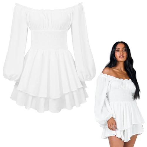 Robe Volants Bouffante, Taille S Robe Mousseline Soie épaules Dénudées avec Short Intégré, Jupe à Volants à Manches Longues Bouffantes, Costume de Pirate Pour Femme, Robes D'été Sans Bretelles