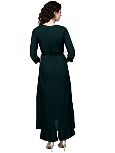 Image of ishin Women's Rayon Green Printed Anarkali Kurta