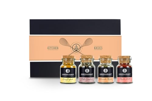 Ankerkraut Geschenk-Set 'Kitchen Basics', Grundausstattung für jede Küche, Basisgewürze, perfekt für Umzugs- und Einweihungsparties, mit 4 Korkengläsern
