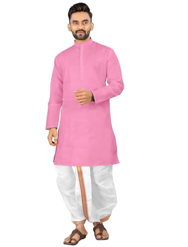 Image of UNIQUE MOMENTS Men's Cotton Dhoti Kurta Set with Full Sleeves Solid Pattern Modern Style and Mandarin Collar Neck | Perfect for Puja & Celebrations