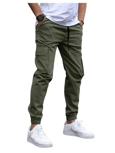 OYOANGLE Men's Drawstring High Waist Cargo Pants Flap Pocket Loose Fit Athletic Casual Jogger Trousers3