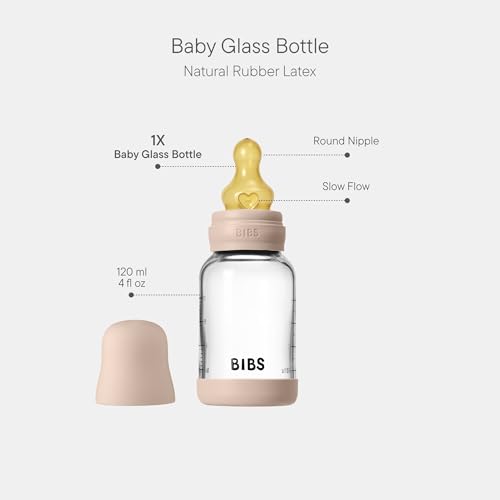 Image of BIBS Glass Baby Bottle, 120 ml, 1-Pack, Natural Rubber Nipple, Blush | Anti-Colic | Natural Rubber Latex Nipple | Slow Flow | Supports Breastfeeding | Made in Denmark | Familiar BIBS Nipple