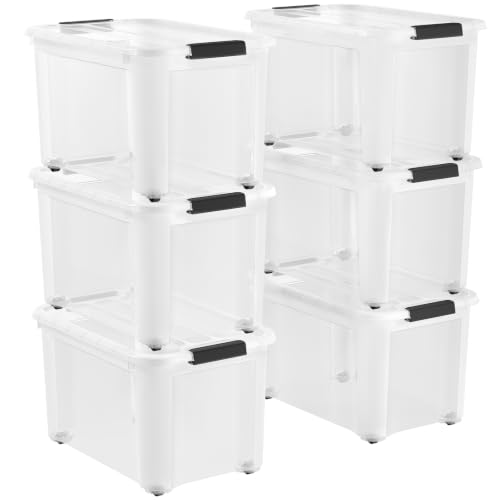 Lifewit 34Qt Storage Bins with Lids, Plastic Large Latches Boxes with Wheels, Clear Totes Tubs Container for Closet Organizers and Storage, Bedroom, Clothes, Craft, 6 Pcs