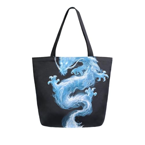 Extra Large Shoulder Tote Bag for Beach Travel Weekender Gym Dragon Blue Black Reusable Grocery Canvas Shopping Bag