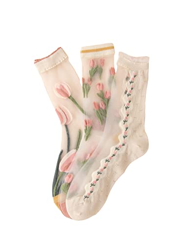Verdusa Women's 3 Pairs Sheer Mesh Socks Floral Thin Socks