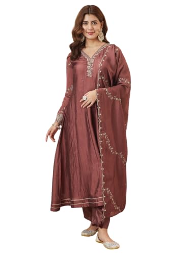 Image of MOKOSH Women's Silk Embroidery Anarkali Kurta Pant with Dupatta | Anarkali Kurta Set |Ethnic Kurta Set for Women |Floral Kurta 7 Colour Options Available |3 Piece Outfit