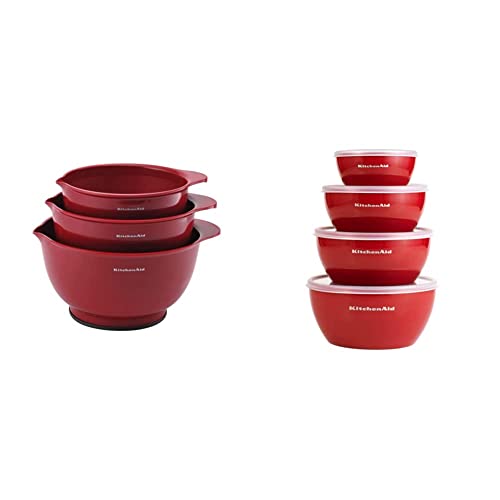 KitchenAid Classic Mixing Bowls, Set of 3, Empire Red & Classic Prep Bowls with Lids, Set of 4, Empire Red