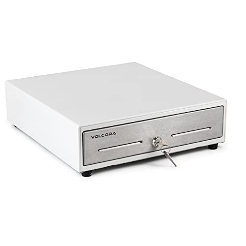 Mini Cash Register Drawer 13” for Point of Sale (POS) System - White with Stainless Steel Front - Fully Removable 2 Tier Cash Tray, 4 Bill 5 Coin, 24V, RJ11 RJ12 Key-Lock, Double Media Slot