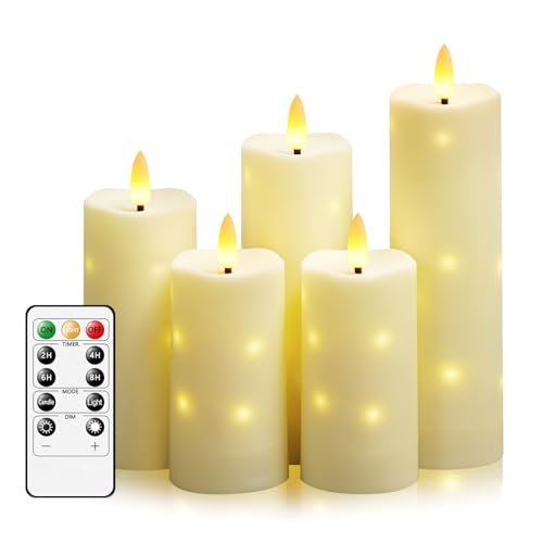 Image of kakoya Outdoor Waterproof Flickering Flameless Candles with Timer,5Pcs Battery Operated LED Pillar Candles with Embedded Star String for Outdoor Lanterns,Porch,Patio Decor(Ivory)