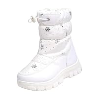 Saxrel White Girls Snowflake Print Mid Calf Snow Boots Fleece Lined Kids Walking Boots Waterproof Quilted Winter Warm-insulated Drawcord Front Side Zipper School Shoes Hiking Footwear UK Size 1