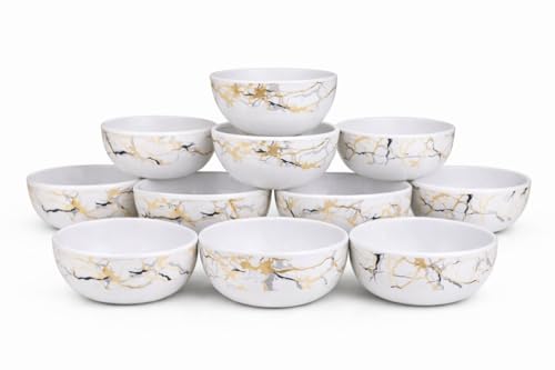 Image of Ariya 4.5 Inch Melamine Soup Bowls Set of 12 (350 ml) | White /Gold /Black | Serving Bowls for Soup, Salad, Noodles, Pasta, Oatmeal | Durable & Stylish Dinnerware for Daily & Special Use