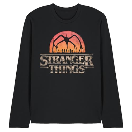 T-shirt Stranger Things manches longues noir uni pour fans de la série rétro vintage