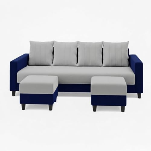 Image of STRIKON Plush 6 Seater L Shape Sofa Set with 2 Movable Ottoman | Flexible Layout |Silken Velvet Suede | Designer Sofa for Living Rooms & Office Spaces (Light Grey & Dark Blue)