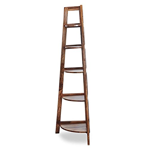 Image of Custom Decor Jai Salasar Handicraft Custom Decor Edison Solidwood House Corner Wall Rack Shelf Heavy Duty Set of 5 Tier Shelf - Honey Teak Brown