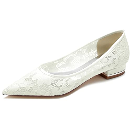 QXue Slip on Damen Ballerinas Brautschuhe Lace Flats Strass Brautjungfer Hochzeit Kleid Schuhe 36-43,Elfenbein,8 UK/41 EU Cover