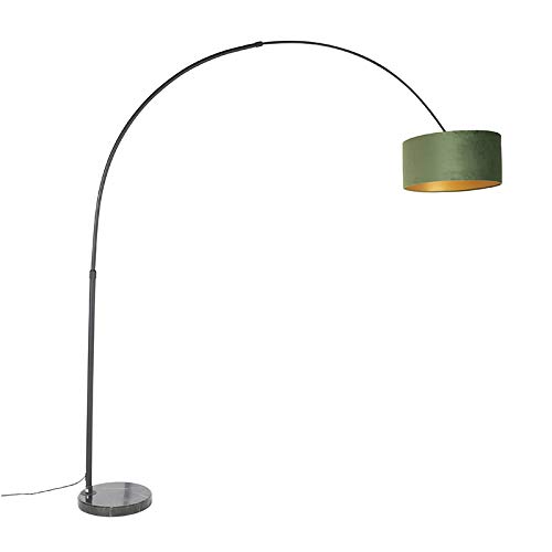 Qazqa - Arc Floor Lamp I Arc Floor Light Black Velor Shade Green with Gold 50 cm - XXL- - Modern - Suitable for LED E27 | 1 Light - Steel Arc lamp - Suitable for Living Room I Bedroom I