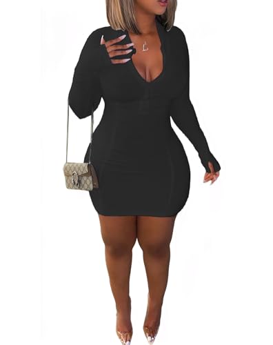 Front Zipper Bodycon Dress Party Long-Sleeve Club Dresses - Image 3