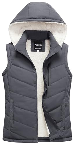 Pursky Women's Winter Vest Sherpa Fleece Lined Puffer Vest Warm Lightweight Sleeveless Jackets With Removable Hood