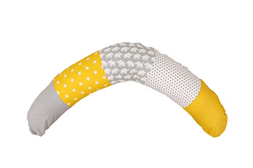 Cojín de lactancia de ULLENBOOM ® elefantes amarillo (190 x 38 cm; relleno: bolitas de fibra silenciosas; sirve también de cojín de apoyo, almohada para embarazadas, para dormir de lado)