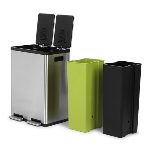SIMPLI-MAGIC-60-Liter-16-Gallon-Rectangular-Hands-Free-Dual-Compartment-Recycling-Kitchen-Step-Trash-Can-with-Soft-Close-Lid-Brushed-Stainless-Steel