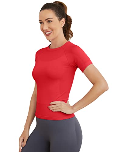 Image of MathCat Short Sleeve Workout Tops for Women, Seamless Women's Compression Shirt, Yoga Running Athletic Shirts Soft Gym Tops