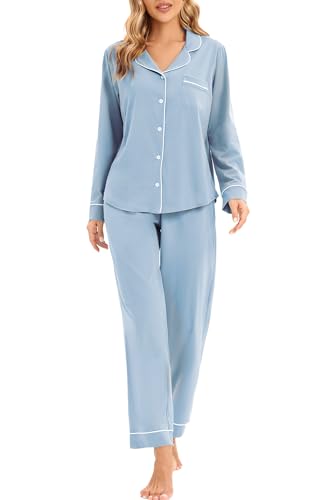 Image of LUBOT 100% Cotton Pajamas Set for Women PJ Set Soft Long Sleeve Button-Down Shirt PJ Two-piece Set Warm Night Suit Sleepwear Loungewear (Baby Blue, XS)