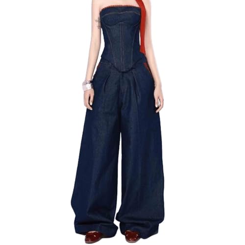 Women's personalized denim strapless vest, women's loose wide leg pants set
